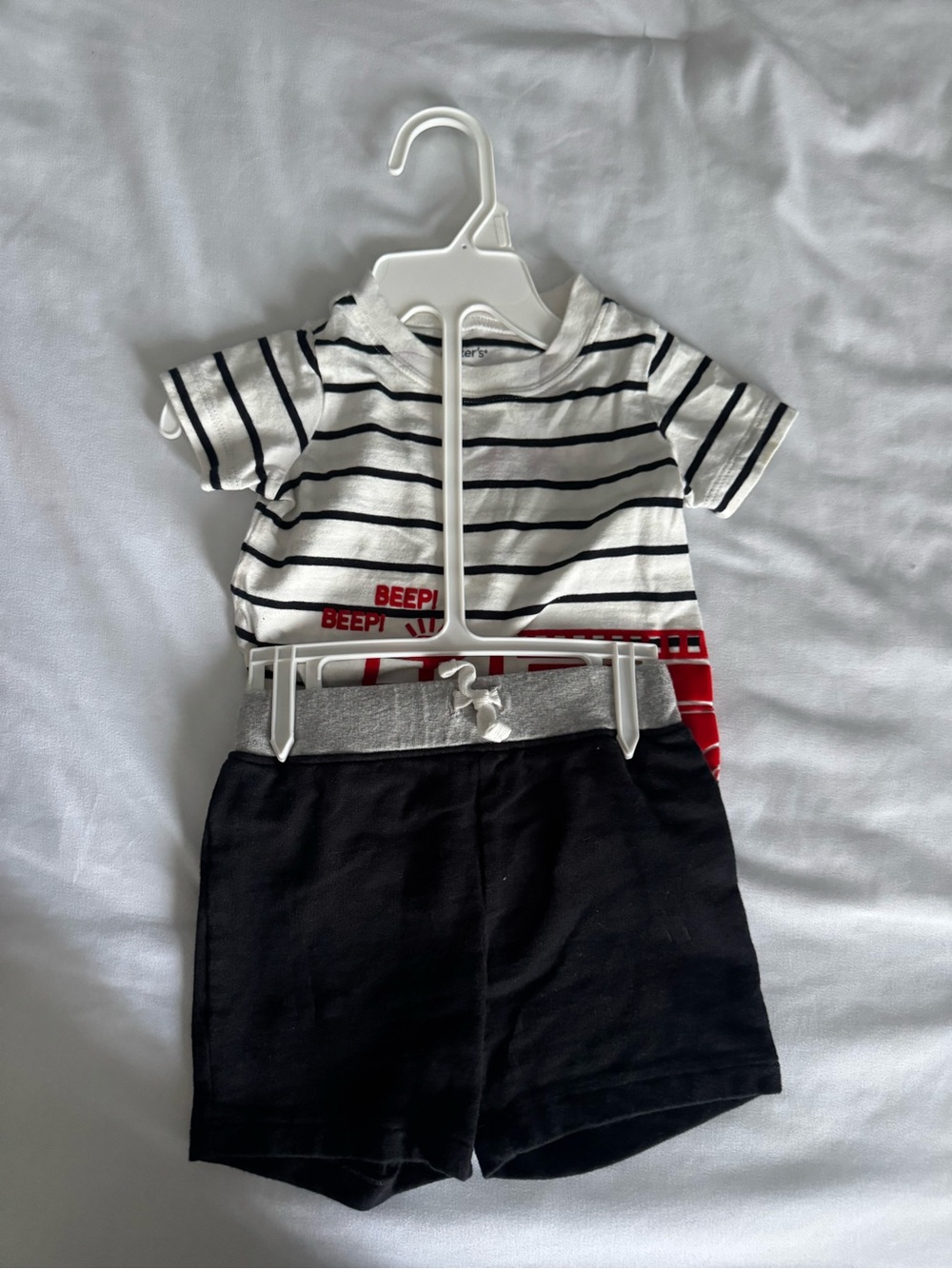 Carter's Striped Tee and Black Shorts Set - White, Black, Red